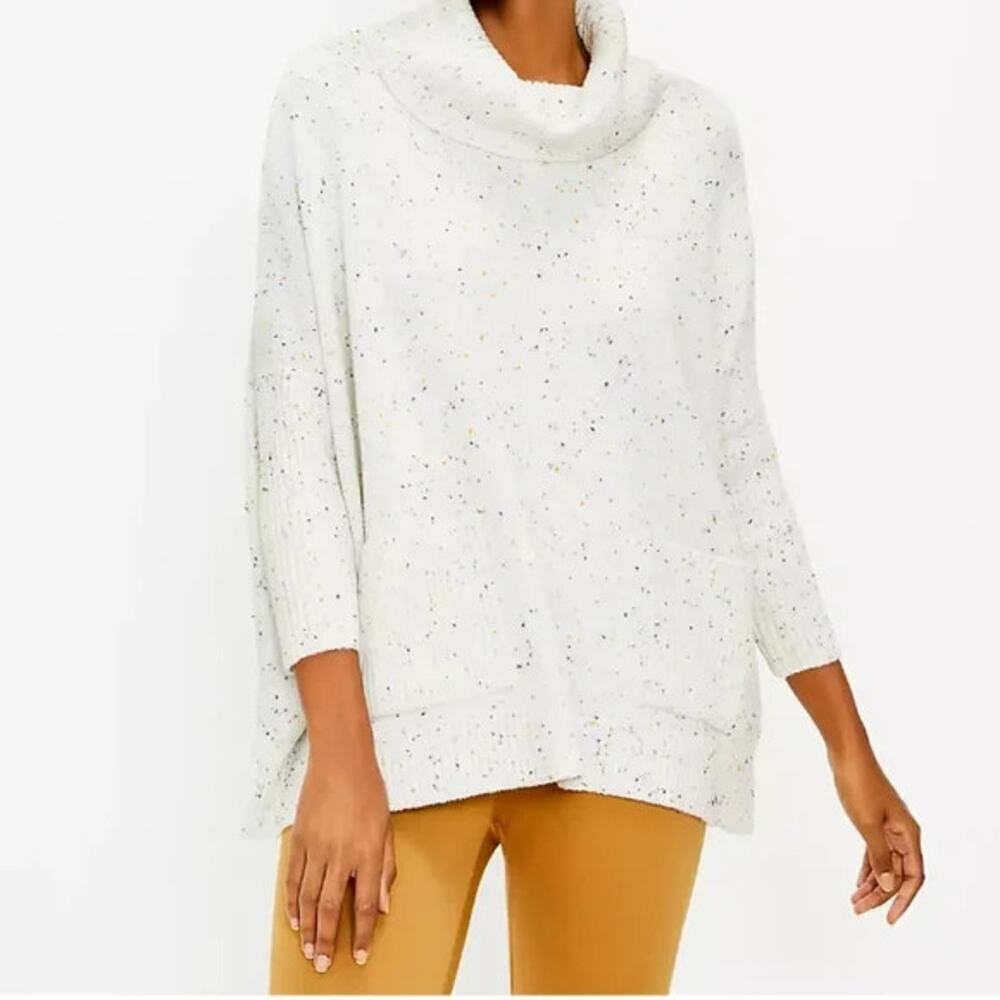 Ann Taylor LOFT Sweater XL Ivory Specked Cowl Neck Pockets Pullover